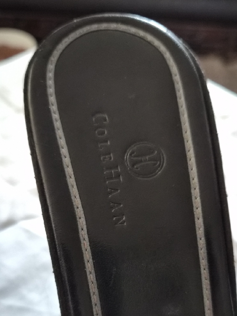 Black Cole Haan Slide Mules with Silver Chain Accent and Heel - Picture 2 of 5